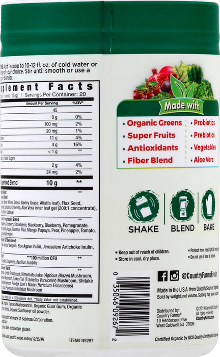 Country Farms - Super Greens Powder Unflv - 1 Each-10.6 Oz
